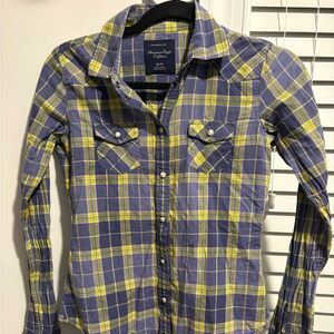 American Eagle XS Plaid Snap Button Shirt Purple Yellow Western Style Women’s